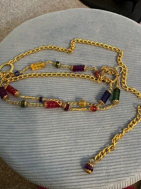 Gold-Tone Chain Belt with Multi-Color Beaded Accents